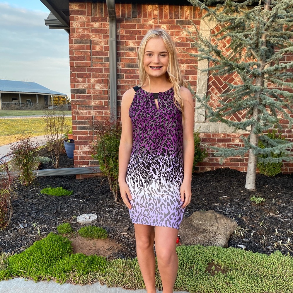 Short purple/gray/black/white leopard dress